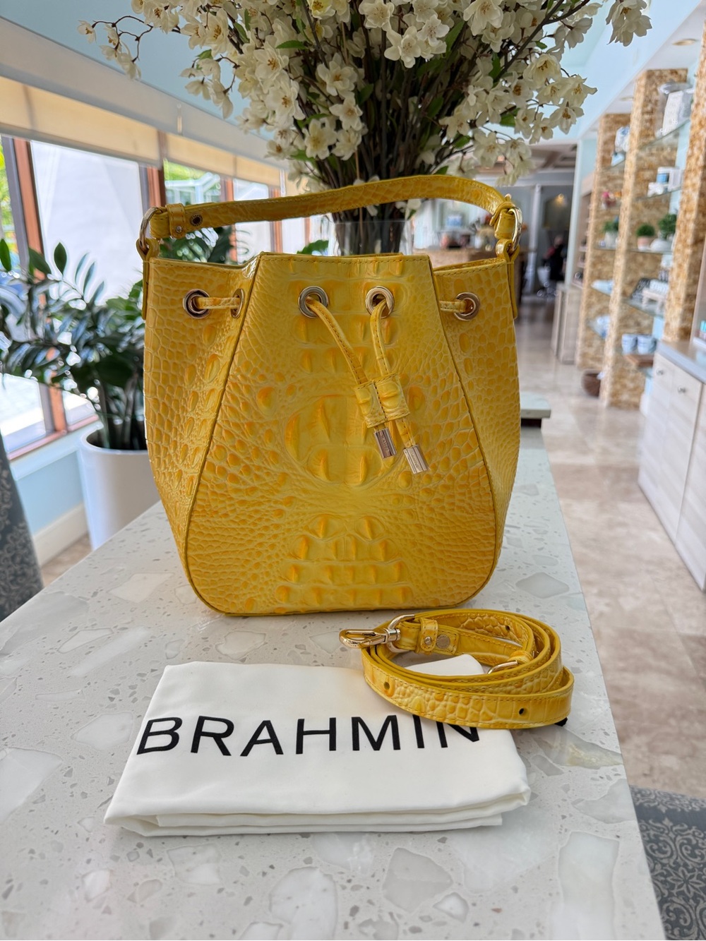 Brahmin Vibrant Yellow Croc-Embossed Drawstring Bucket Bag
